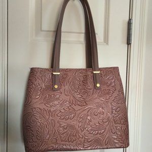 New Aida Rose Italian Leather embossed leaf mauve tote appx 21" drop 11"x14"x6"